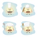 Cute set of mochi cooks. Japanese dessert mochi with kitchen sets. Vector illustration.